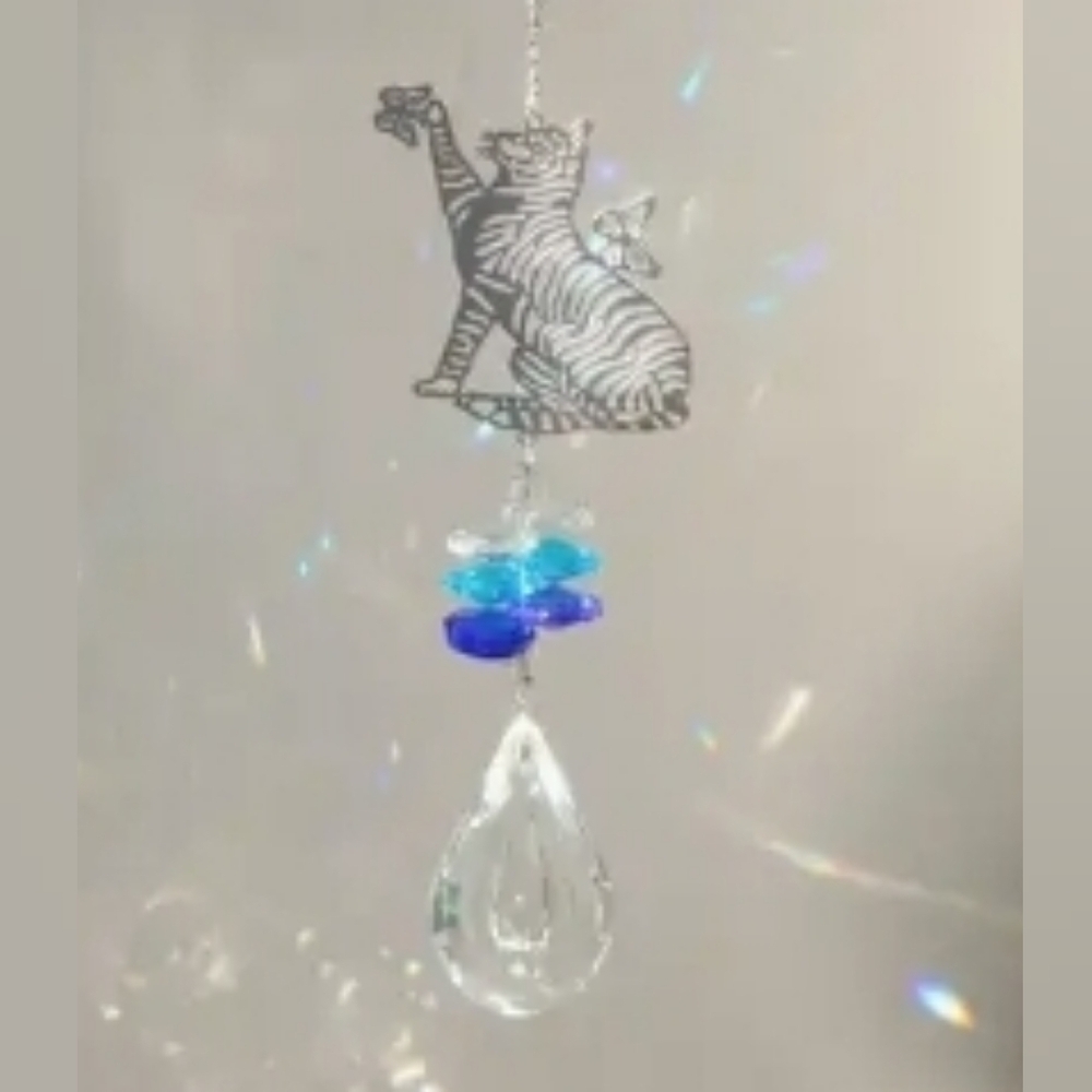 Cat Reaching for Butterfly Metal & Glass Suncatcher - Picture 1 of 2